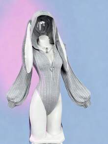 Sunspun 女士纯色针织弹力连帽兔耳连体衣，动漫风上衣，可爱兔耳，春秋冬季