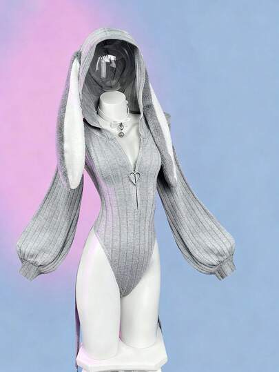 Sunspun 女士纯色针织弹力连帽兔耳连体衣，动漫风上衣，可爱兔耳，春秋冬季