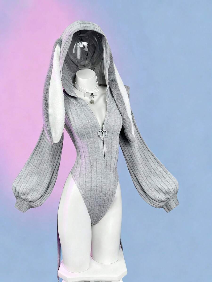 Sunspun 女士纯色针织弹力连帽兔耳连体衣，动漫风上衣，可爱兔耳，春秋冬季