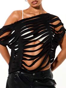SUMWON WOMEN Edgy Ripped Cut Out Off Shoulder Long Sleeve Top With Distressed Design For Casual Style - Black - View 1