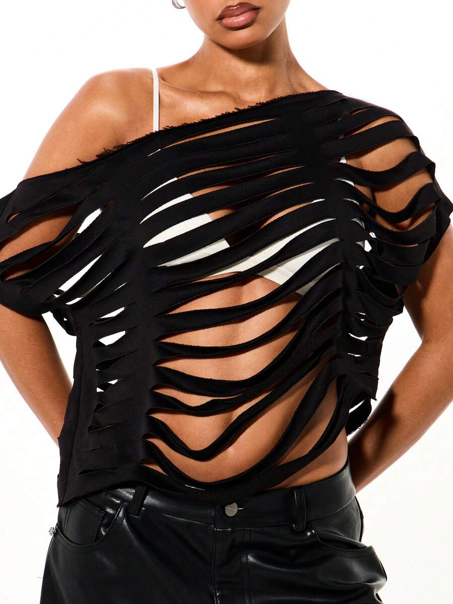 SUMWON WOMEN Edgy Ripped Cut Out Off Shoulder Long Sleeve Top With Distressed Design For Casual Style - Black - View 1