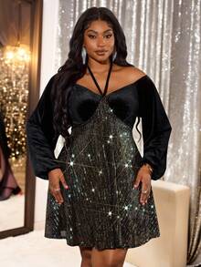 Truni Plus Size Women's Black Velvet A-Line Loose Dress,Black And Gold,Autumn,70's,Party Sequin Sparkly Slay Diva Outfit Curve Birthday New Year 2026 - Multicolor - View 1