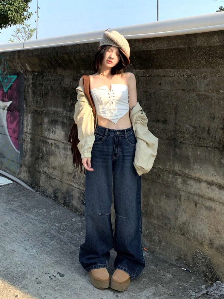 DAZY レディース カジュアル韓国風 ルーズフィット 猫ひげ デニムジーンズ - ブルー - 見る 4