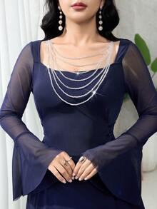 Modelyn رمضان فستان أنيق مزين بسلسلة ربط الخصر، مُلائم وأنيق، متعدد الاستخدامات للحفلات والاستخدام اليومي - أزرق بحري - مشاهدة 3