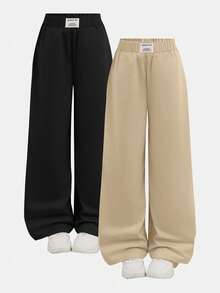 SHEIN 2Pcs Tween Girls Casual Solid Khaki And Black Patch Dec Loose Wide Leg Pants, Black + Pink, Relaxed Style, Back To School Season 2 Pack Pants Baggy Pants 2 Piece Sets Pants Pack Pants Y2k - Khaki - View 2