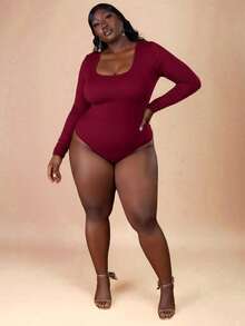 CurvyTilda Plus Size Casual Solid Color Long Sleeve Bodysuit, Fall Clothes For Women, For Hourglass Body Shape, For Body Shape, For Summer - Burgundy - View 6