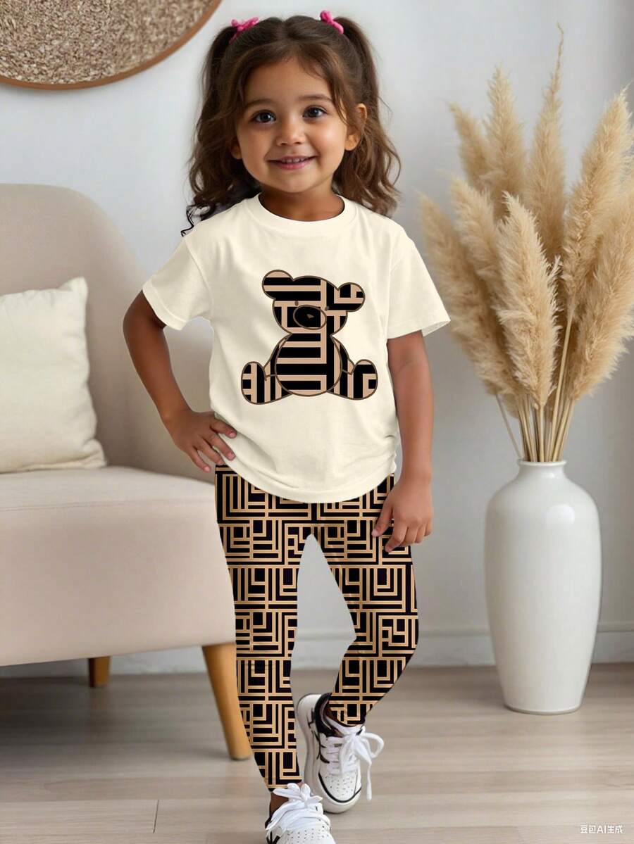 SHEIN Playful Pals Baby Mädchen Lässig Mode kreatives Bären- & geometrisches Muster bedrucktes Kurzarm T-Shirt und Leggings Set - Verschiedenfarbig - Übersicht 1