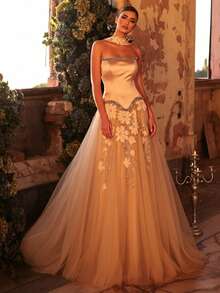 Glamrae Váy maxi dáng chữ A thêu hoa 3D thanh lịch dành cho nữ, thích hợp cho các buổi tiệc trang trọng. - Màu be - Xem 6