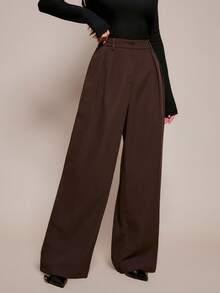 SHEIN PETITE 女士极简时尚深咖啡色宽松阔腿裤，通勤裤，棕色阔腿裤，高腰阔腿裤，棕色西装裤，秋季棕色高腰裤，棕色女士长裤 - 棕色 - 查看 5
