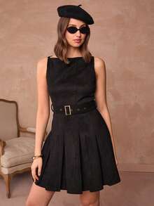 Enchnt Váy ngắn đơn giản, không tay, xếp ly, viền khóa, màu trơn, thoải mái khi đi làm hàng ngày dành cho nữ - màu đen - Xem 3