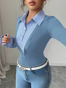 Jeanoix 女款優雅拼接條紋收腰長袖上衣 - 藍色 - 查看 3