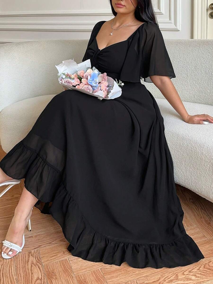 Vibekara Đầm chữ A tay bồng cổ chữ V dáng suông cỡ lớn, thanh lịch và thoải mái cho những buổi đi chơi. - màu đen - Xem 1
