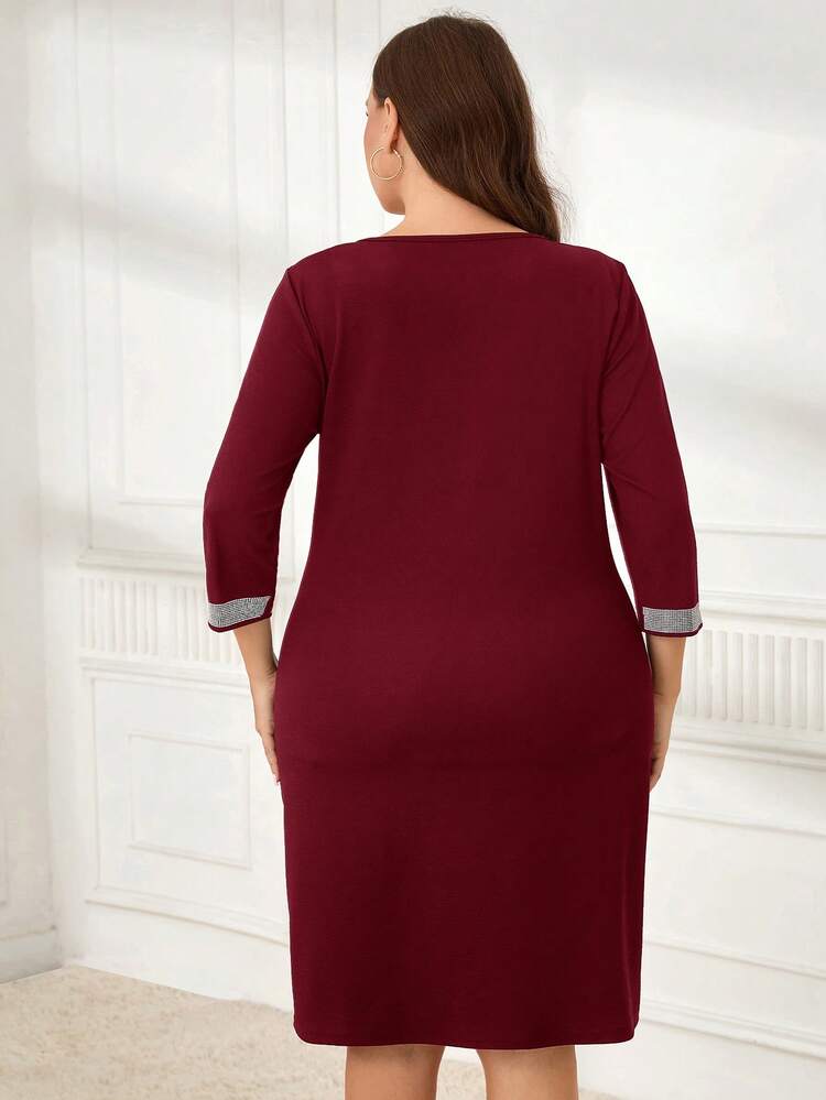Plus Size Color Block Round Neck Elegant Fashion 3/4 Sleeve Dress