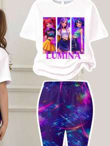 SHEIN 2件套少女卡通韩流女孩图案印花休闲宽松圆领短袖T恤和喇叭裤，适合春夏日常穿着和外出。 - 彩色 - 查看 5