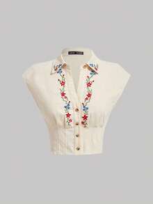 SHEIN MOD 复古刺绣修身短袖女式衬衫，花卉图案，可爱休闲夏季女式上衣