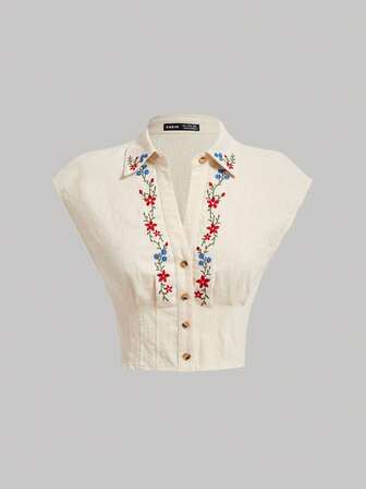 SHEIN MOD Retro Embroidered Fitted Crop Sleeve Women Shirt Floral Graphic Cute Casual Summer Women Tops