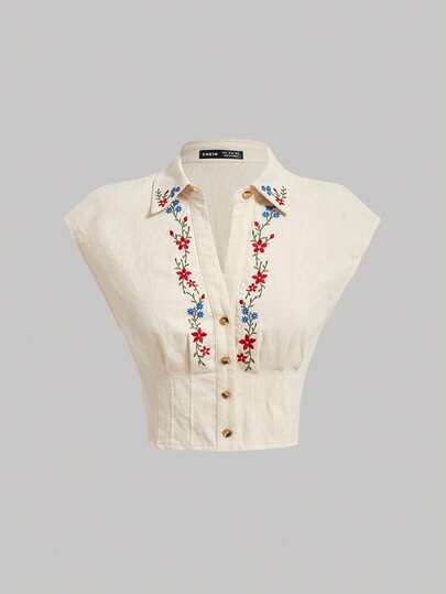 SHEIN MOD Retro Embroidered Fitted Crop Sleeve Women Shirt Floral Graphic Cute Casual Summer Women Tops
