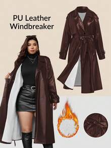 Gownix Plus Size Solid Color Lapel Double-Breasted Fashionable Versatile Warm Winter Jacket - Brown - View 14