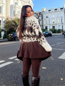 NegzBox 女士松紧腰休闲短款针织毛衣裙，咖啡棕色，秋冬 - 咖啡棕 - 查看 2