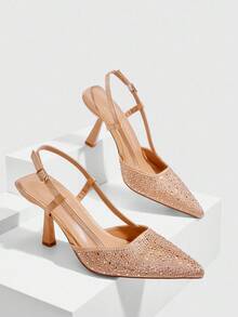 CUCCOO SZL Women's Fashion Rhinestone Decorated Backstrap High Heel Pumps For Christmas Spring Shoes - Champagne - View 5