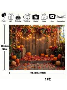 1件秋季南瓜枫叶摄影背景布 - 感恩节丰收摄影背景装饰 - 生日派对横幅道具 - 多功能，适用于室内、花园和户外 - 无需用电 - 彩色 - 查看 6