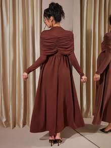 SHEIN Maternity Dress With Long Sleeves, Elegant Fitted Style, Suitable For Autumn/Winter Pregnancy - Mocha Brown - View 2
