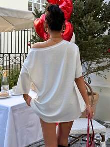 Muchica Áo thun nữ dáng rộng in hình trái tim và khẩu hiệu, thích hợp mặc mùa hè. - trắng - Xem 3