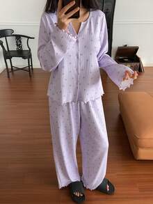 DAZY Bow Tie & Ditsy Floral Knit Women Pajama Set - Mauve Purple - View 1