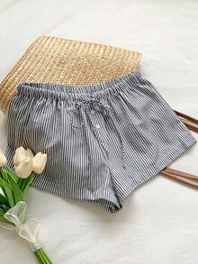 SHEIN EZwear 條紋印花束腰夏季短褲 - 黑色 - 查看 3