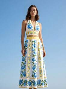 CAJUNI Bộ áo cổ lọ và chân váy midi kiểu dáng giản dị, được trang trí bằng họa tiết khu vườn Địa Trung Hải. - Nhiều màu - Xem 4