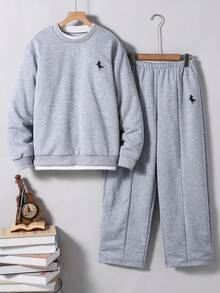 Vacaura 2件套青少年男童时尚花卉灰色卫衣和配套运动裤套装，面料柔软舒适，适合户外运动、摄影、上学、郊游及各种场合。