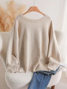 CosyJoli 大码休闲V领蝴蝶结露背宽松套头衫