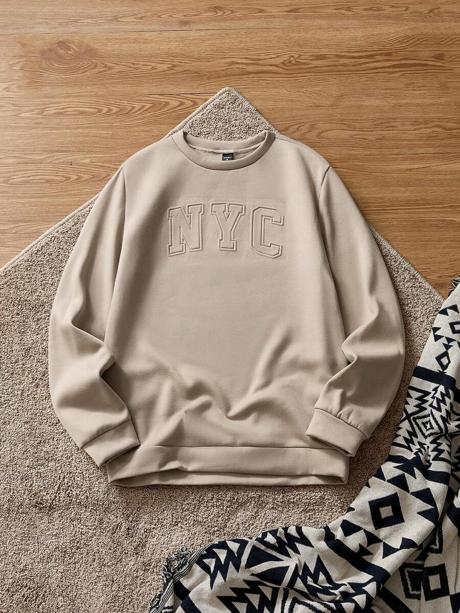 SWAVVY 男士字母图案卫衣圆领长袖卫衣，适合送给朋友、丈夫、男朋友的礼物，秋季、冬季 - 駝色 - 查看 1