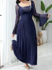 Modelyn رمضان فستان أنيق مزين بسلسلة ربط الخصر، مُلائم وأنيق، متعدد الاستخدامات للحفلات والاستخدام اليومي - أزرق بحري - مشاهدة 5