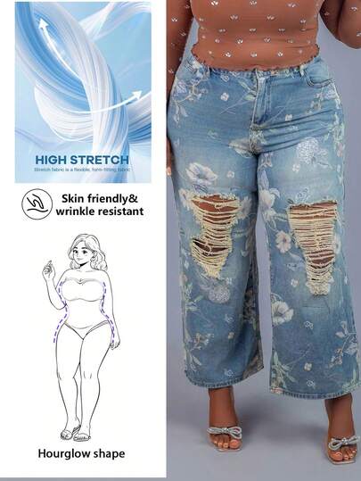 CurvyTilda 复古花卉印花水洗大码女式宽松阔腿牛仔裤
