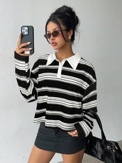 Aloruh Women's Autumn/Winter Striped Polo Sweatshirt, 2 In 1 Y2K Retro College Style Casual Outerwear Top