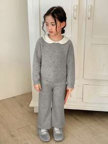 DAZY Young Girl Casual Colorblock Collar Sweater And Knit Pants Set, Autumn/Winter - Grey - View 2