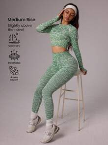 Gameset SHEIN Sport Women's Raglan Sleeve Top And High Waist Leggings Yoga Workout Set Gym Two Piece Set Active Two Piece Set Legging Two Piece Set 2piece Set Women - Green - View 3