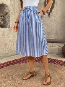 EMERY ROSE Women's Striped Drawstring Waist Casual Versatile Vacation Skirt Vacation Outfits Women - Blue and White - View 5