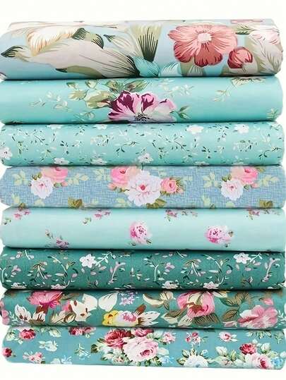 8pcs Green Flower Plant Fabrics For DIY Sewing, Dresses, Collages, Hand Sewing, And Patchwork