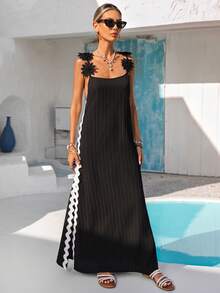 Vivid Eden 女士休闲碎花露背侧开衩纹理面料连衣裙，适合春夏外出和度假 - 黑色 - 查看 6