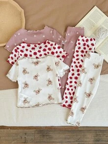 SHEIN LMoss Kids 6件套女婴可爱卡通熊和花卉印花荷叶边圆领短袖上衣和裤子休闲舒适针织睡衣套装 - 彩色 - 查看 2