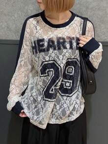 FRIFUL Women's Round Neck Lace Patchwork Letter Print Contrast Color Loose Long Sleeve T-Shirt - White - View 2