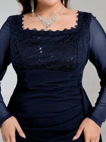 Coutiva Plus Size Women's Contrast Lace Square Collar Long Sleeve Ruffle Heavy Embroidery Navy Blue Elegant Formal Evening Gown,Spring Prom Wedding Dress - Navy Blue - View 6