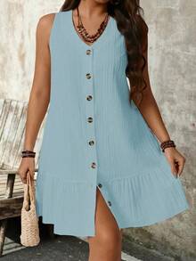 SHEIN PETITE Plus Size Women Sleeveless V-Neck Textured Fabric Dress - Baby Blue - View 7