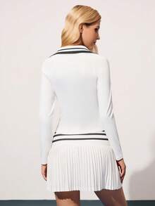 CourtClass Women's Striped Collar Long Sleeve T-Shirt And Pleated Tennis Skirt Set