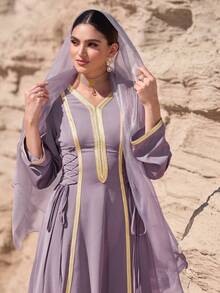 Al Najma Robe élégante et à la mode pour femme, style arabe, avec ceinture à nouer - Mauve - Voir 1