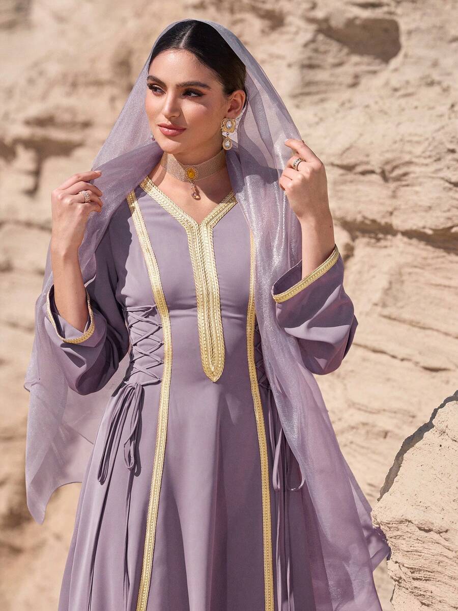 Al Najma Robe élégante et à la mode pour femme, style arabe, avec ceinture à nouer - Mauve - Voir 1