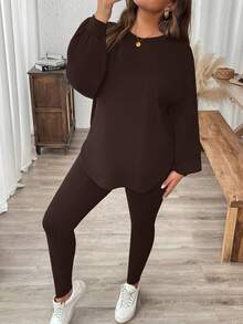 SHEIN LUNE 两件套加大码纯色圆领长袖上衣和修身九分裤套装 冬季服装 - 咖啡棕 - 查看 1