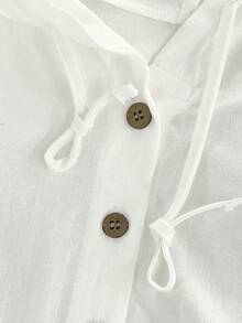 Linhara 大码亚麻舒适长流苏连帽抽绳休闲度假长袖外套，带口袋，白色纽扣女式棉质女装亚麻女式衬衫 - 白色 - 查看 4